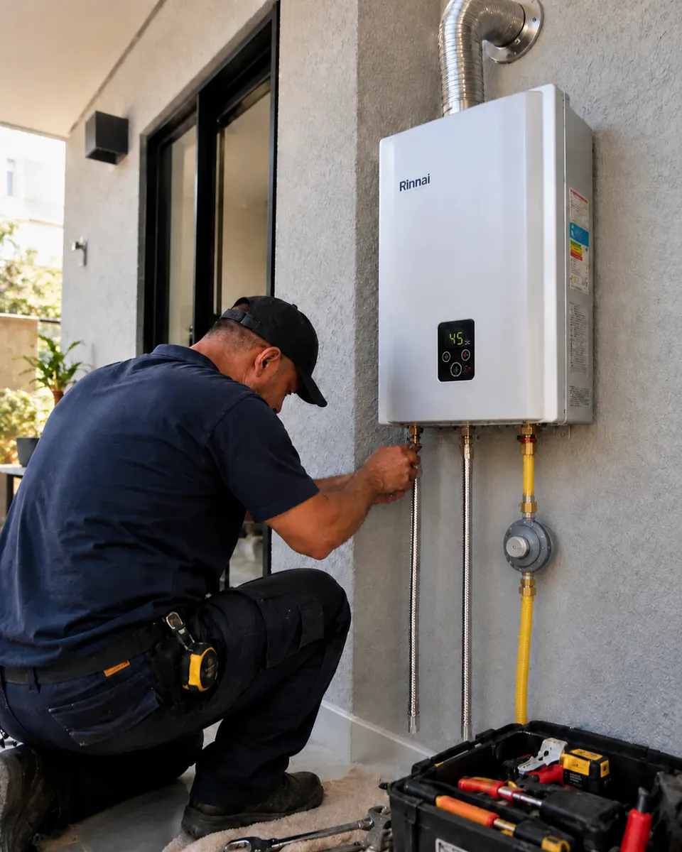 Técnico da FUOR-TEC instalando aquecedor a gás Rinnai