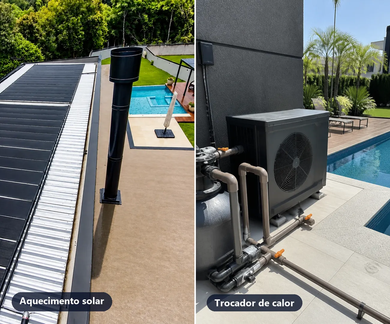 Aquecimento de piscina com coletores solares e com trocador de calor